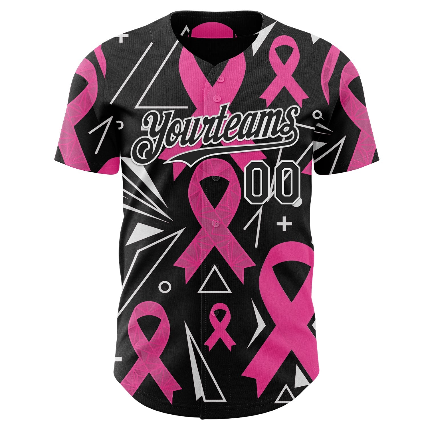 Custom Black Pink-White Breast Cancer Awareness Pink Ribbon Authentic Baseball Jersey view 2