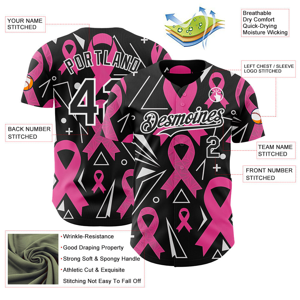 Custom Black Pink-White Breast Cancer Awareness Pink Ribbon Authentic Baseball Jersey view 3