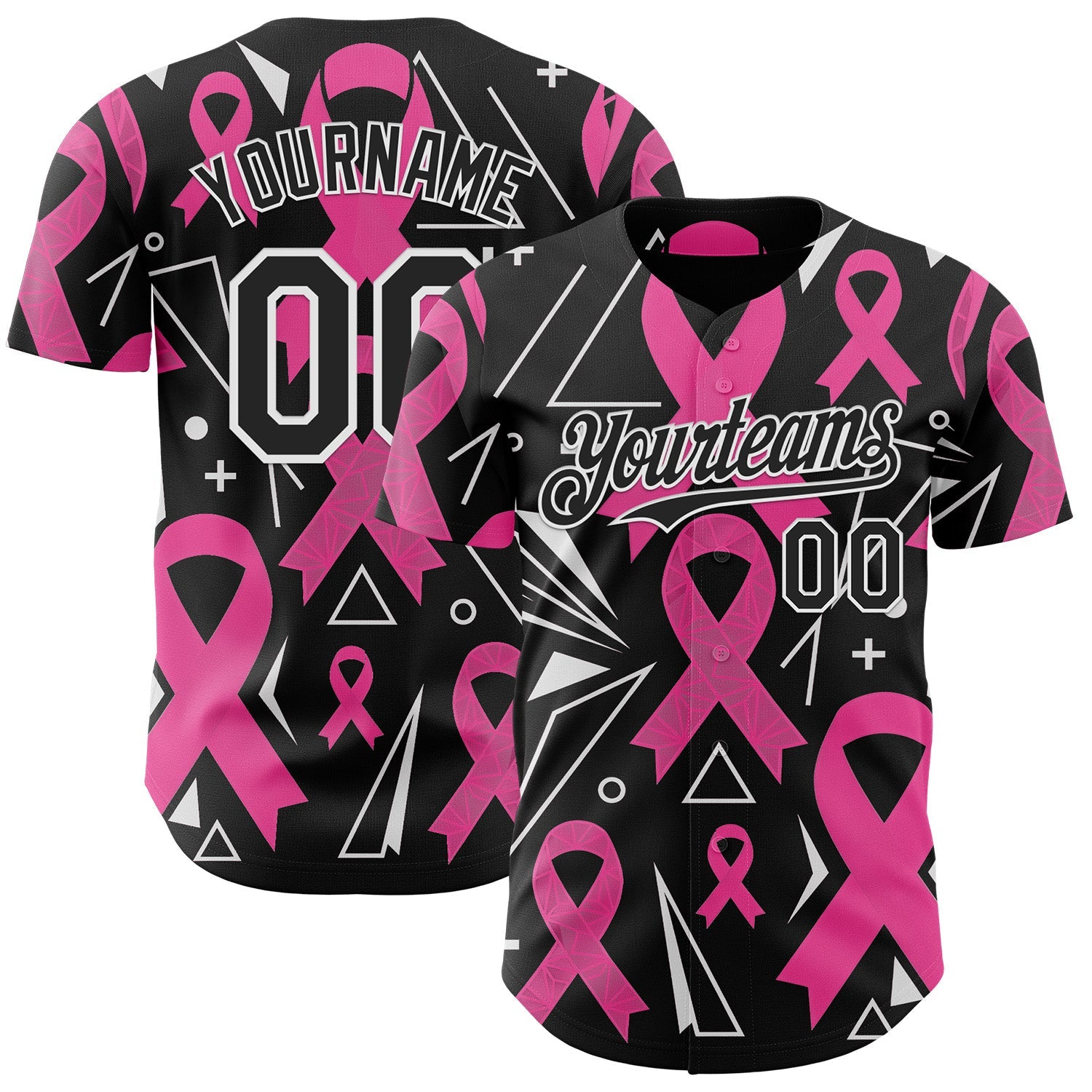 Custom Black Pink-White Breast Cancer Awareness Pink Ribbon Authentic Baseball Jersey - Main View