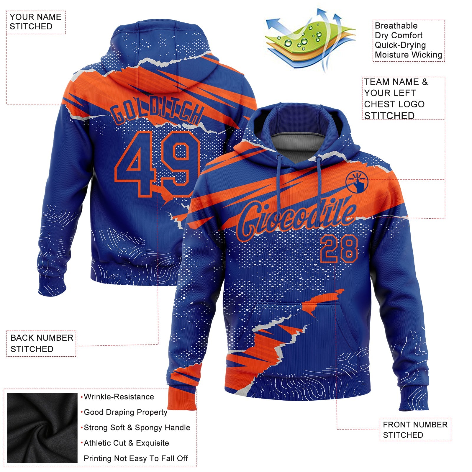 Custom Stitched Royal Orange 3D Pattern Design Torn Paper Style Sports Pullover Sweatshirt Hoodie view 2