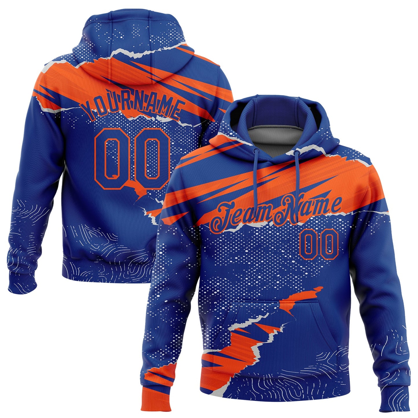 Custom Stitched Royal Orange 3D Pattern Design Torn Paper Style Sports Pullover Sweatshirt Hoodie - Main View