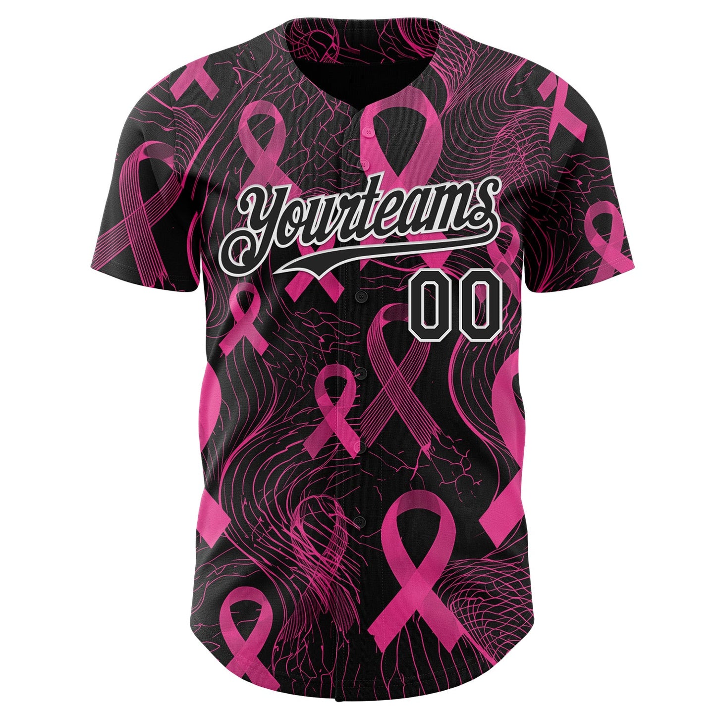 Custom Black Pink-White Breast Cancer Awareness Pink Ribbon Authentic Baseball Jersey view 2
