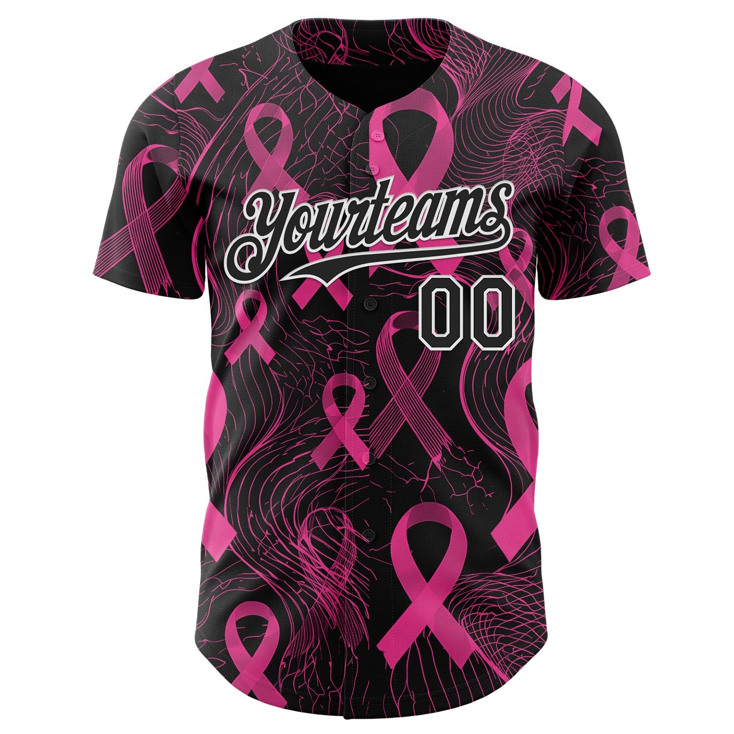 Custom Black Pink-White Breast Cancer Awareness Pink Ribbon Authentic Baseball Jersey view 2