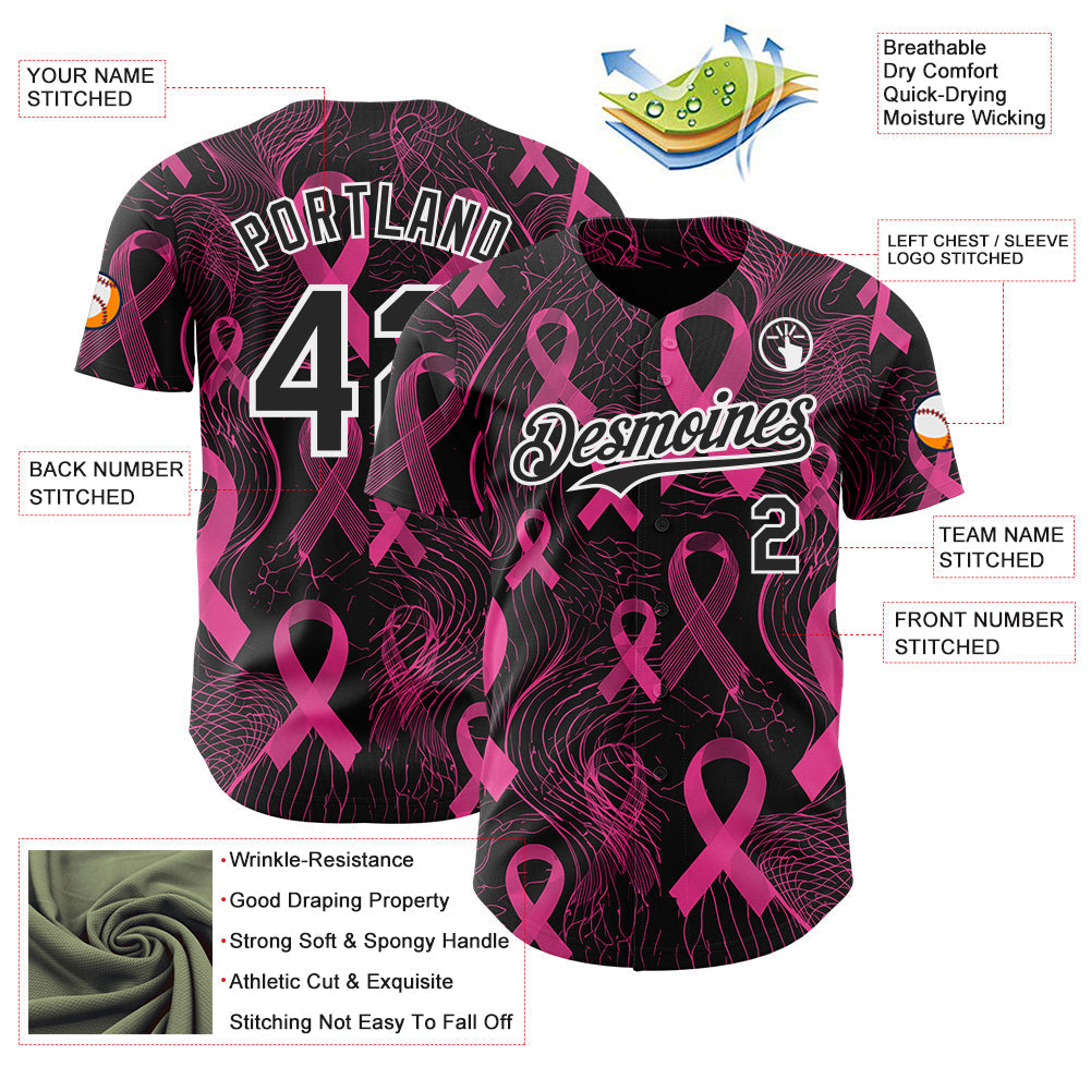 Custom Black Pink-White Breast Cancer Awareness Pink Ribbon Authentic Baseball Jersey view 3