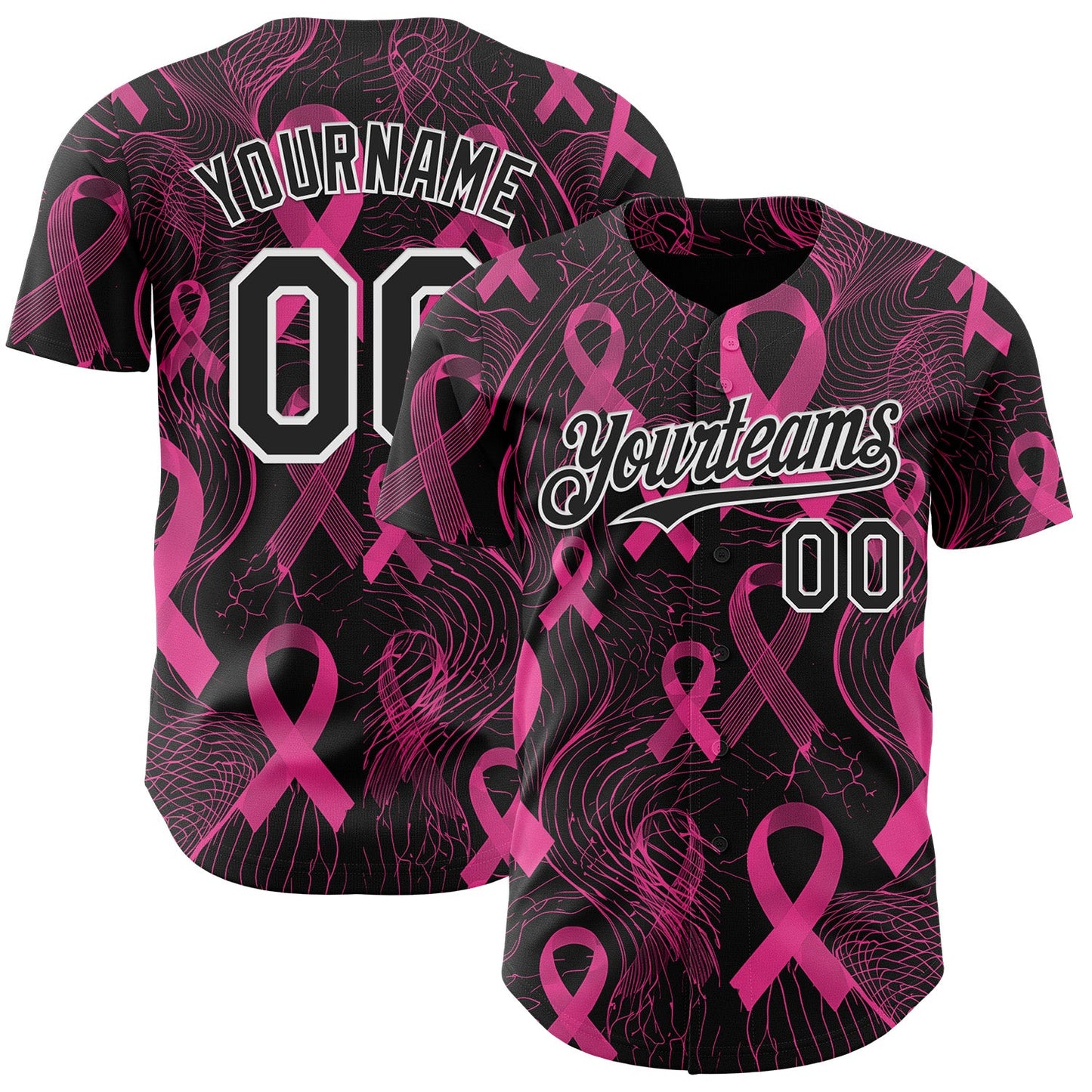 Custom Black Pink-White Breast Cancer Awareness Pink Ribbon Authentic Baseball Jersey - Main View