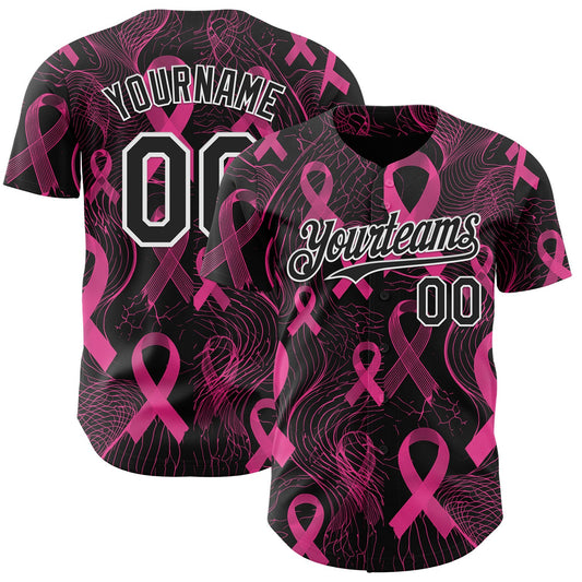 Custom Black Pink-White Breast Cancer Awareness Pink Ribbon Authentic Baseball Jersey - Main View