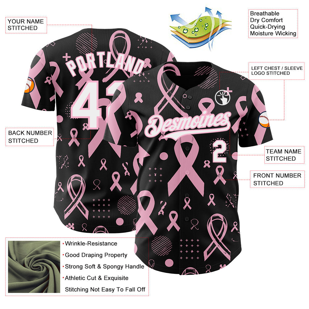 Custom Black White-Light Pink Breast Cancer Awareness Pink Ribbon Authentic Baseball Jersey view 3