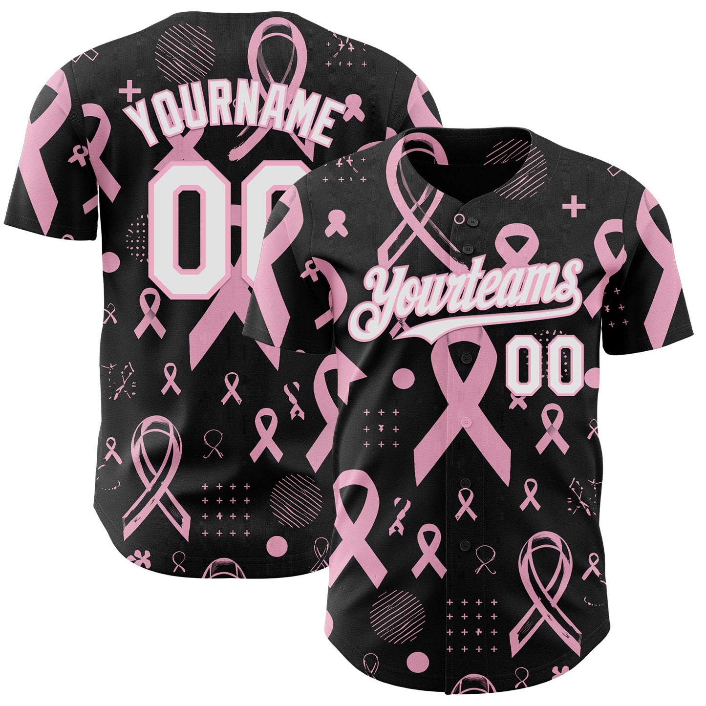 Custom Black White-Light Pink Breast Cancer Awareness Pink Ribbon Authentic Baseball Jersey - Main View