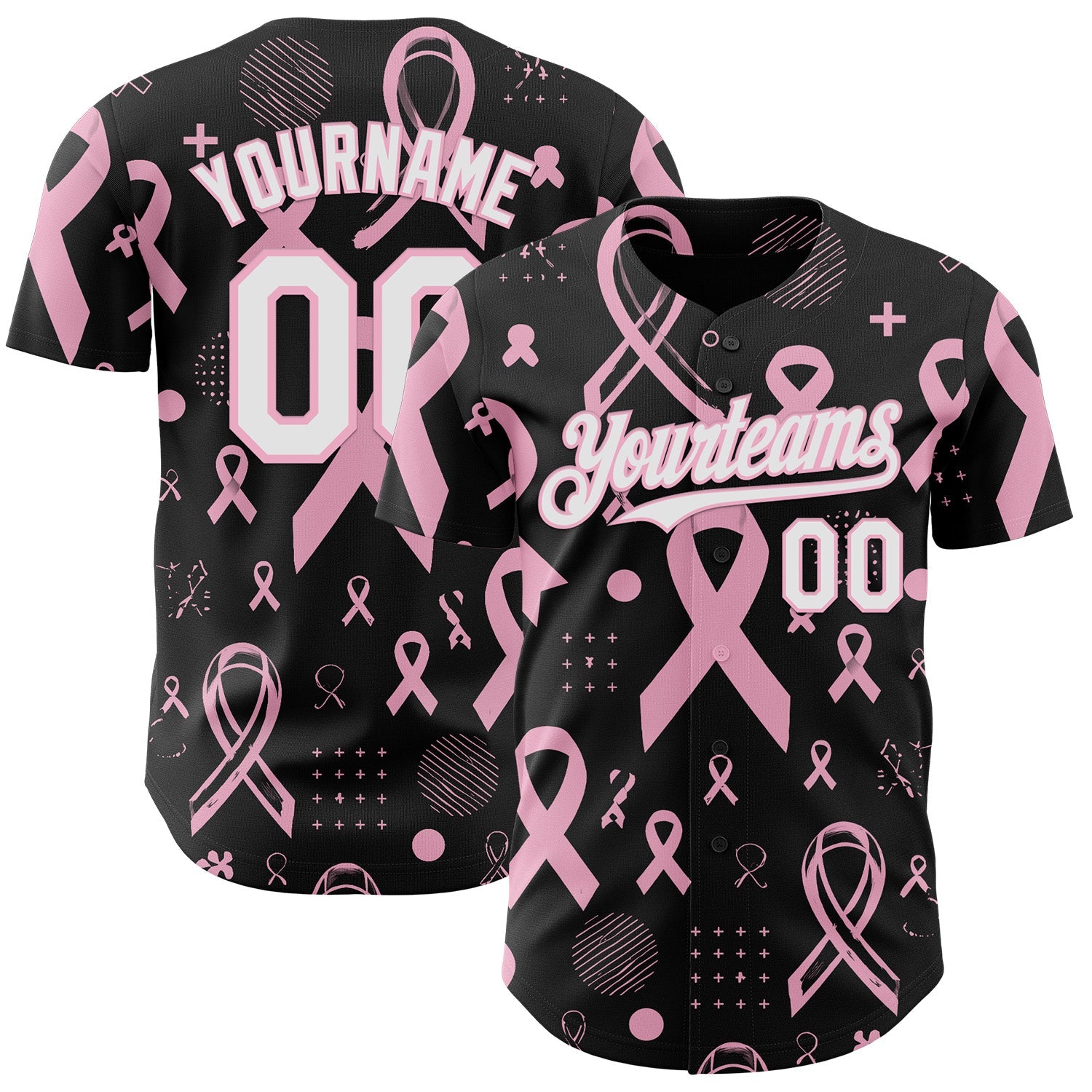 Custom Black White-Light Pink Breast Cancer Awareness Pink Ribbon Authentic Baseball Jersey - Main View