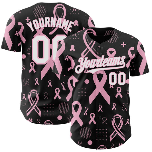 Custom Black White-Light Pink Breast Cancer Awareness Pink Ribbon Authentic Baseball Jersey - Main View