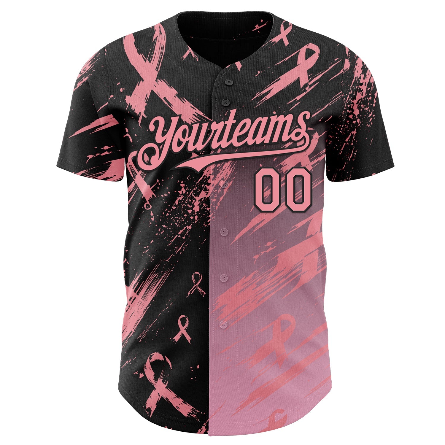 Custom Black-Medium Pink Breast Cancer Awareness Fight Pink Ribbon Authentic Baseball Jersey view 2