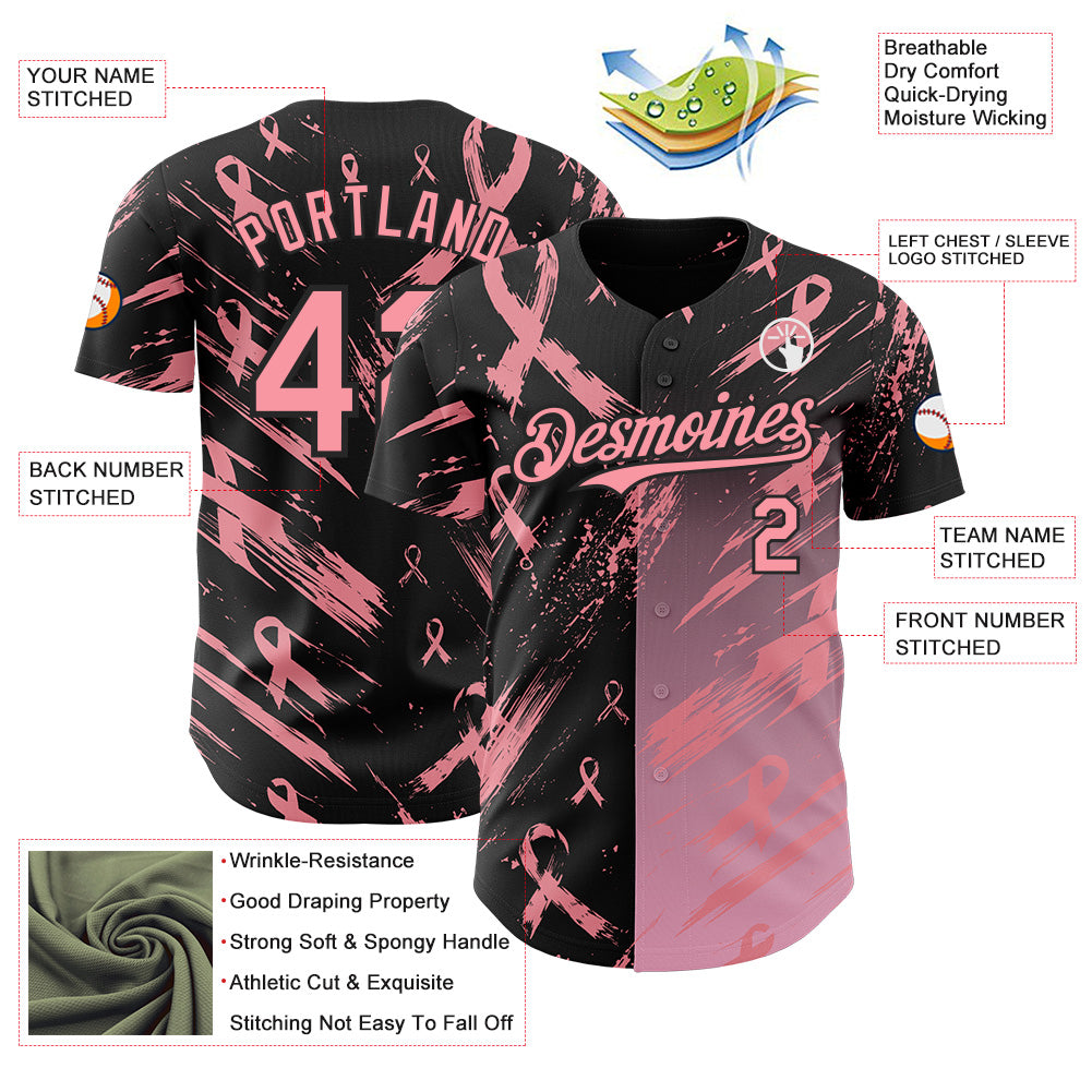 Custom Black-Medium Pink Breast Cancer Awareness Fight Pink Ribbon Authentic Baseball Jersey view 3