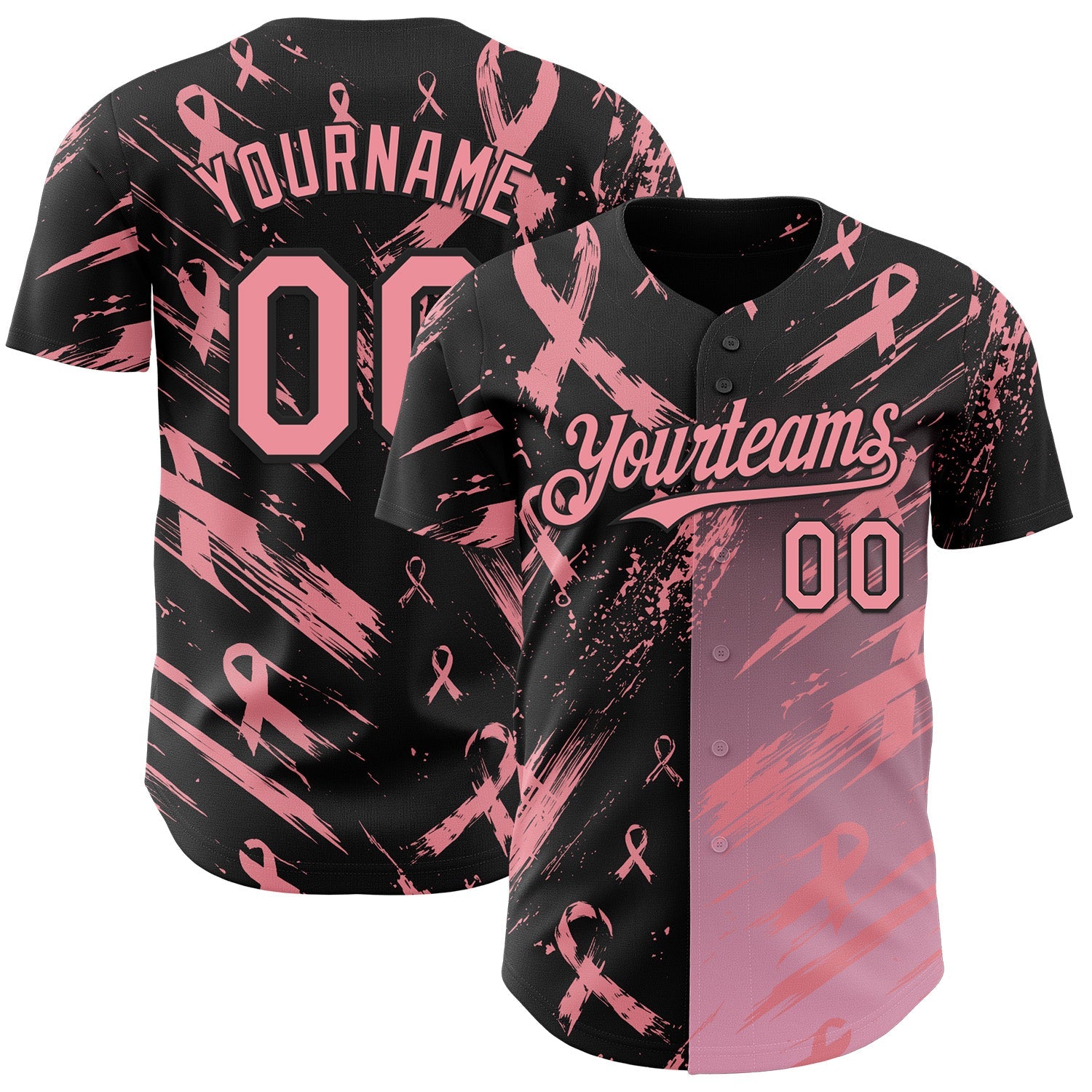 Custom Black-Medium Pink Breast Cancer Awareness Fight Pink Ribbon Authentic Baseball Jersey - Main View