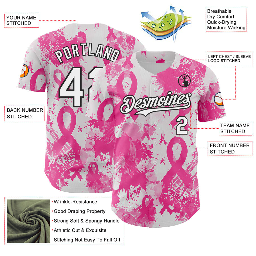 Custom White Pink-Black Breast Cancer Awareness Fight Pink Ribbon Authentic Baseball Jersey view 3