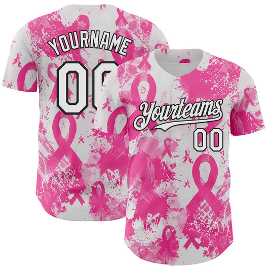Custom White Pink-Black Breast Cancer Awareness Fight Pink Ribbon Authentic Baseball Jersey - Main View