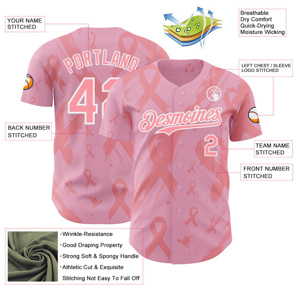 Custom Light Pink Medium Pink-White Breast Cancer Awareness Fight Pink Ribbon Authentic Baseball Jersey view 3