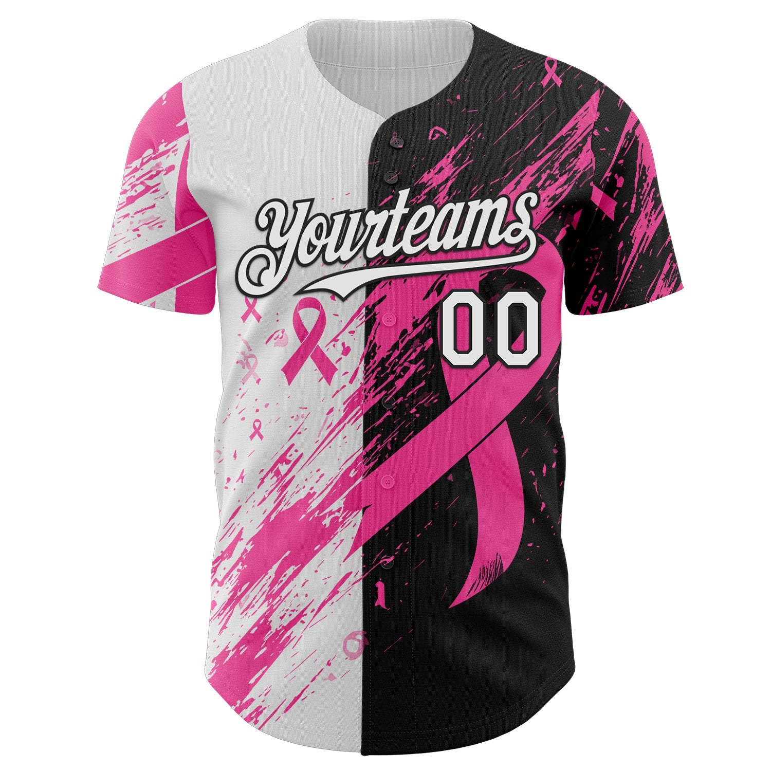 Custom White Pink-Black Breast Cancer Awareness Fight Pink Ribbon Split Authentic Baseball Jersey view 2