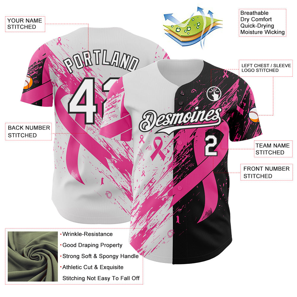 Custom White Pink-Black Breast Cancer Awareness Fight Pink Ribbon Split Authentic Baseball Jersey view 3