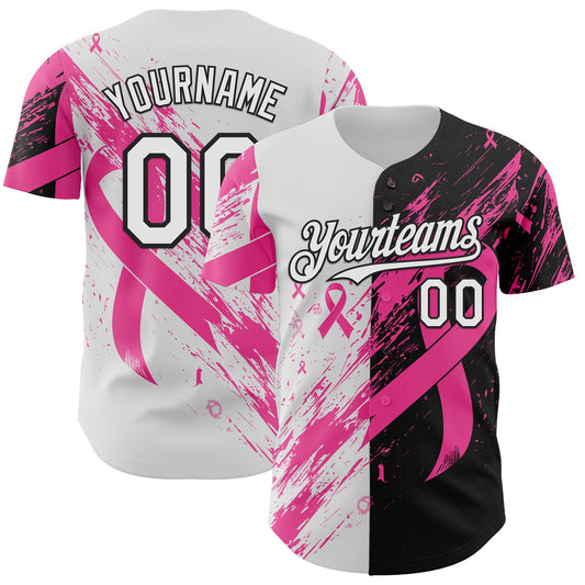 Custom White Pink-Black Breast Cancer Awareness Fight Pink Ribbon Split Authentic Baseball Jersey - Main View