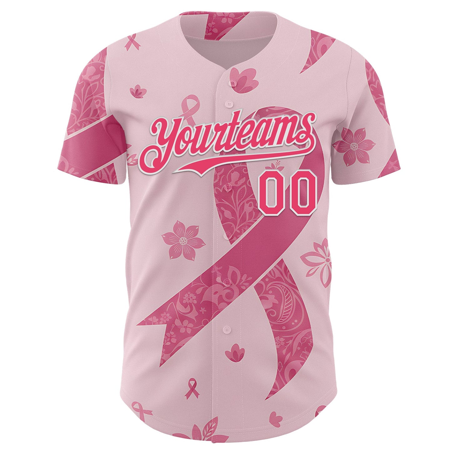 Custom Pink Neon Pink-White Breast Cancer Awareness Pink Ribbon Floral Authentic Baseball Jersey view 2