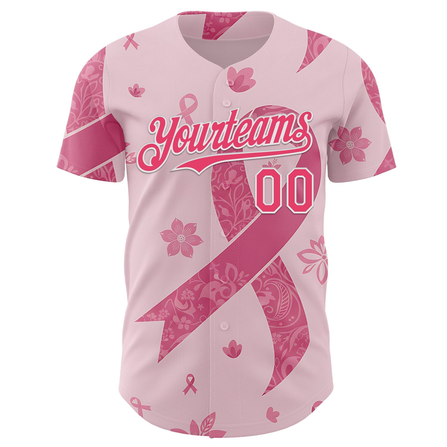 Custom Pink Neon Pink-White Breast Cancer Awareness Pink Ribbon Floral Authentic Baseball Jersey view 2