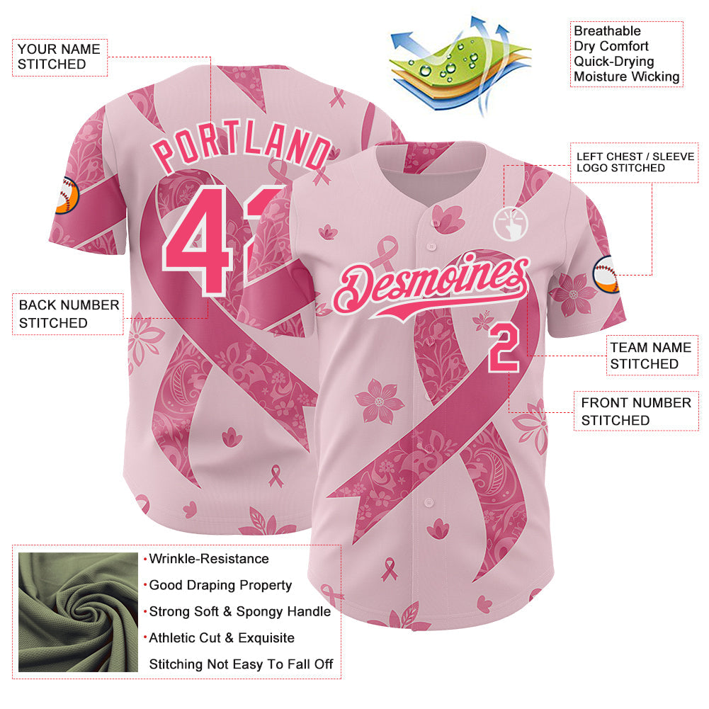 Custom Pink Neon Pink-White Breast Cancer Awareness Pink Ribbon Floral Authentic Baseball Jersey view 3