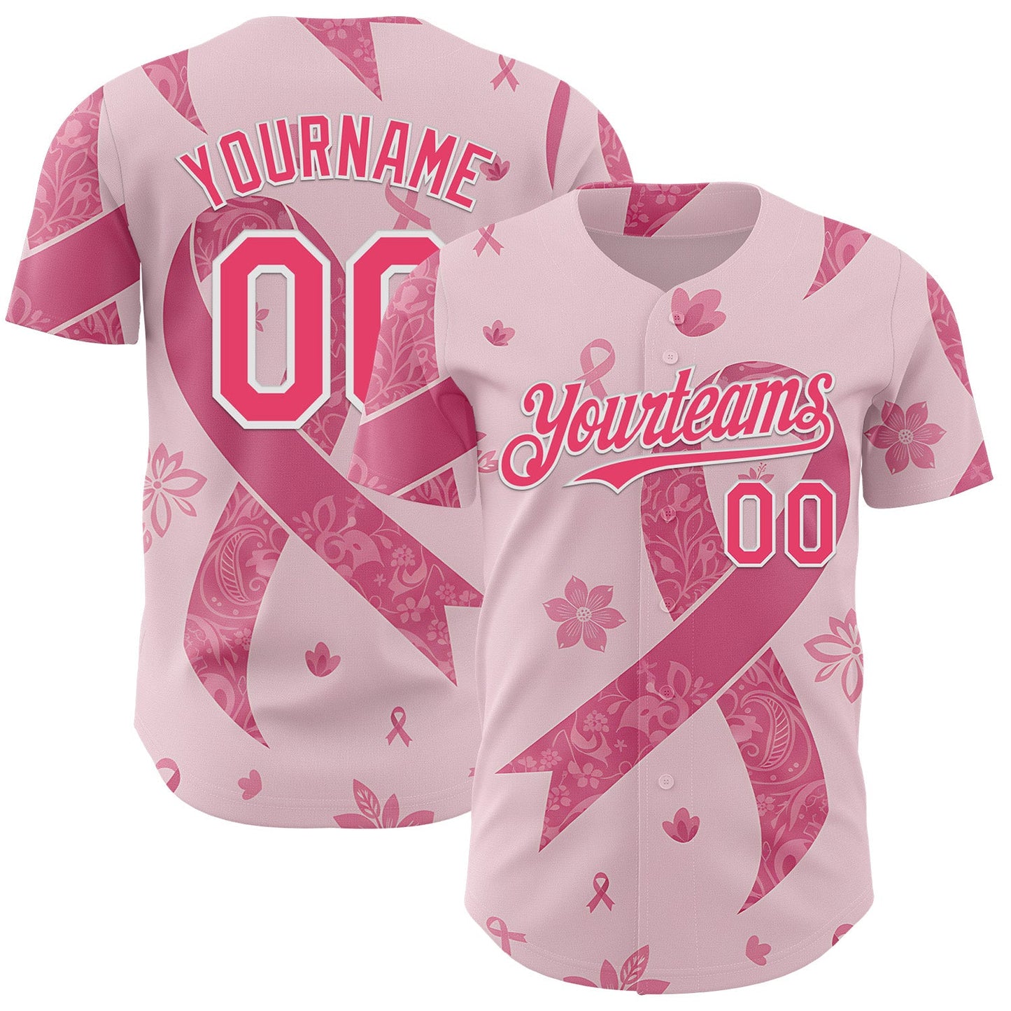 Custom Pink Neon Pink-White Breast Cancer Awareness Pink Ribbon Floral Authentic Baseball Jersey - Main View