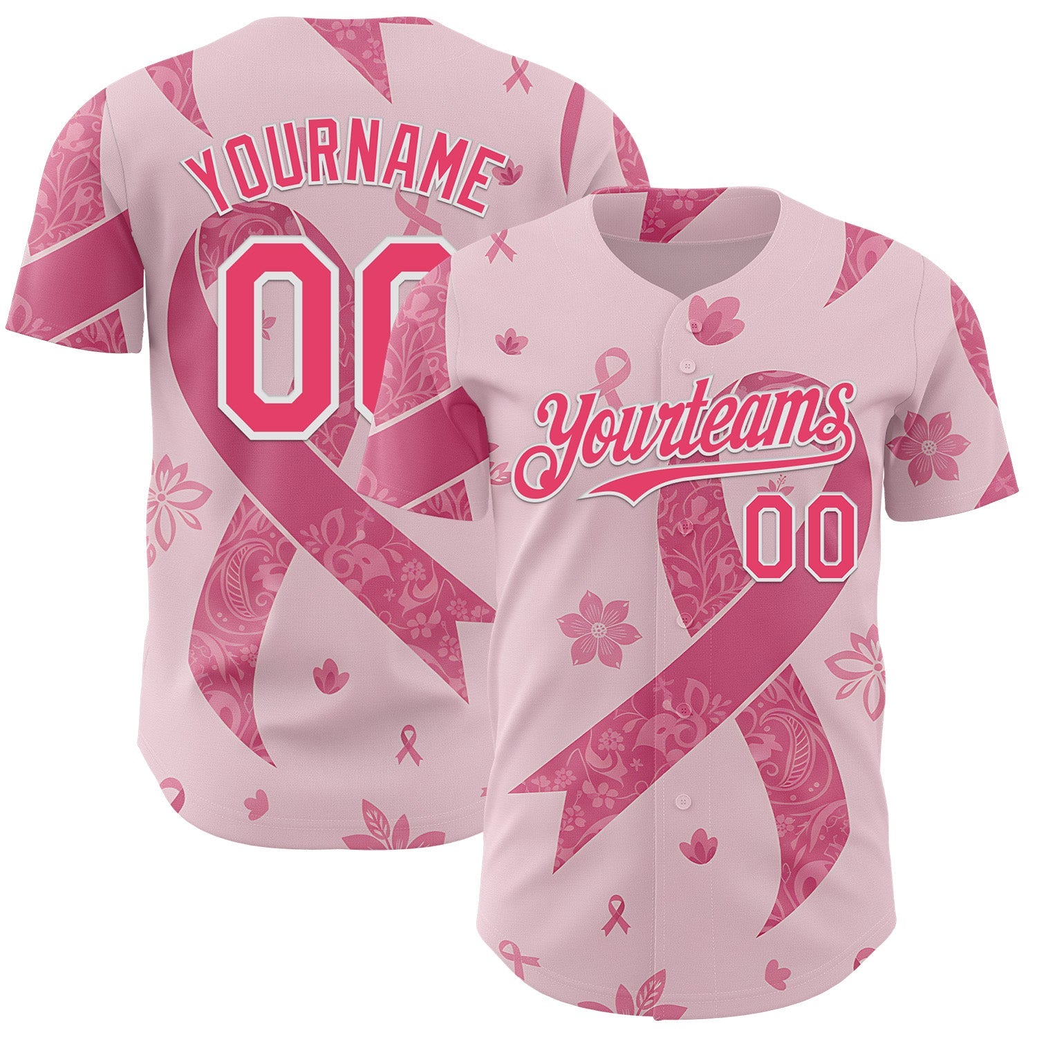 Custom Pink Neon Pink-White Breast Cancer Awareness Pink Ribbon Floral Authentic Baseball Jersey - Main View