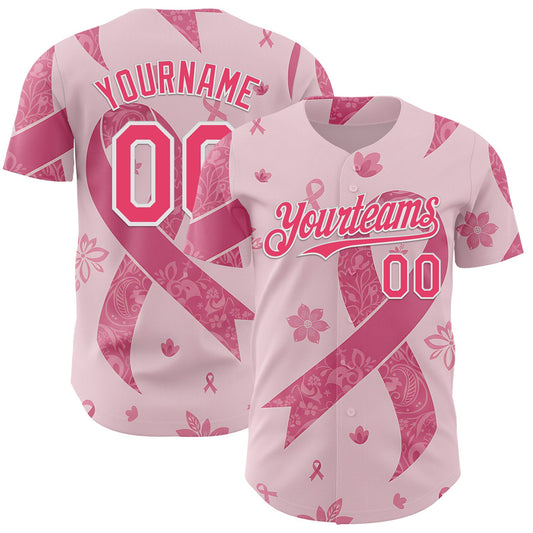Custom Pink Neon Pink-White Breast Cancer Awareness Pink Ribbon Floral Authentic Baseball Jersey - Main View