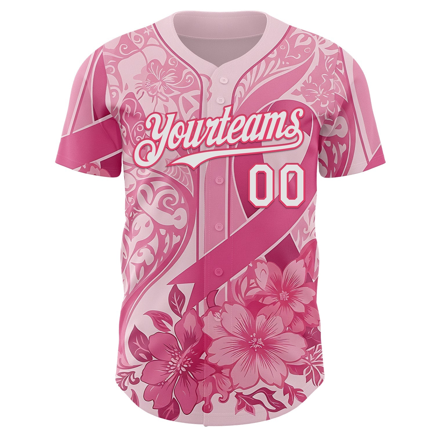 Custom Pink White-Neon Pink Breast Cancer Awareness Pink Ribbon Floral Authentic Baseball Jersey view 2