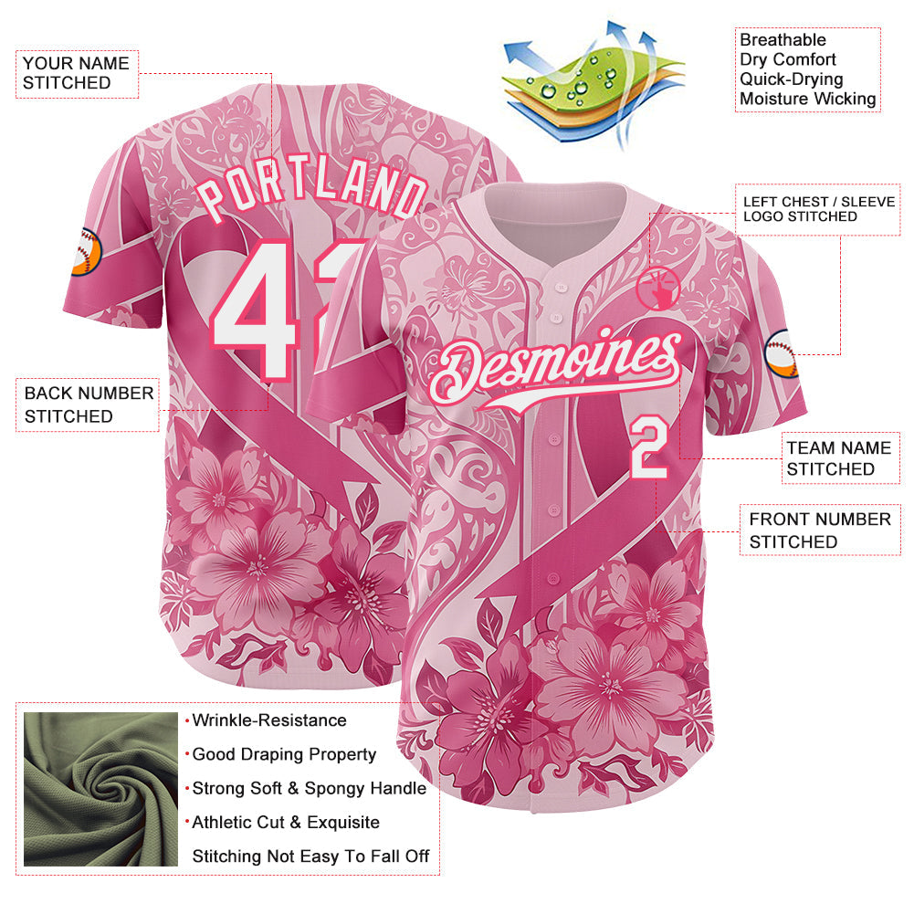 Custom Pink White-Neon Pink Breast Cancer Awareness Pink Ribbon Floral Authentic Baseball Jersey view 3