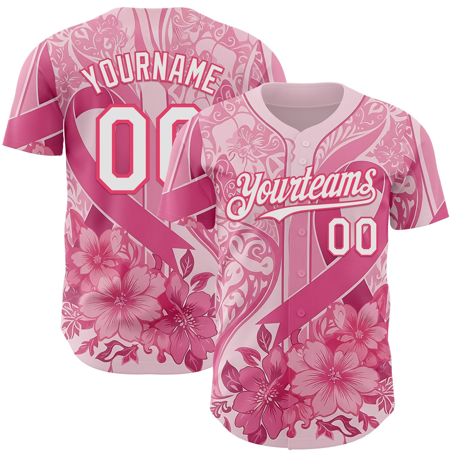 Custom Pink White-Neon Pink Breast Cancer Awareness Pink Ribbon Floral Authentic Baseball Jersey - Main View