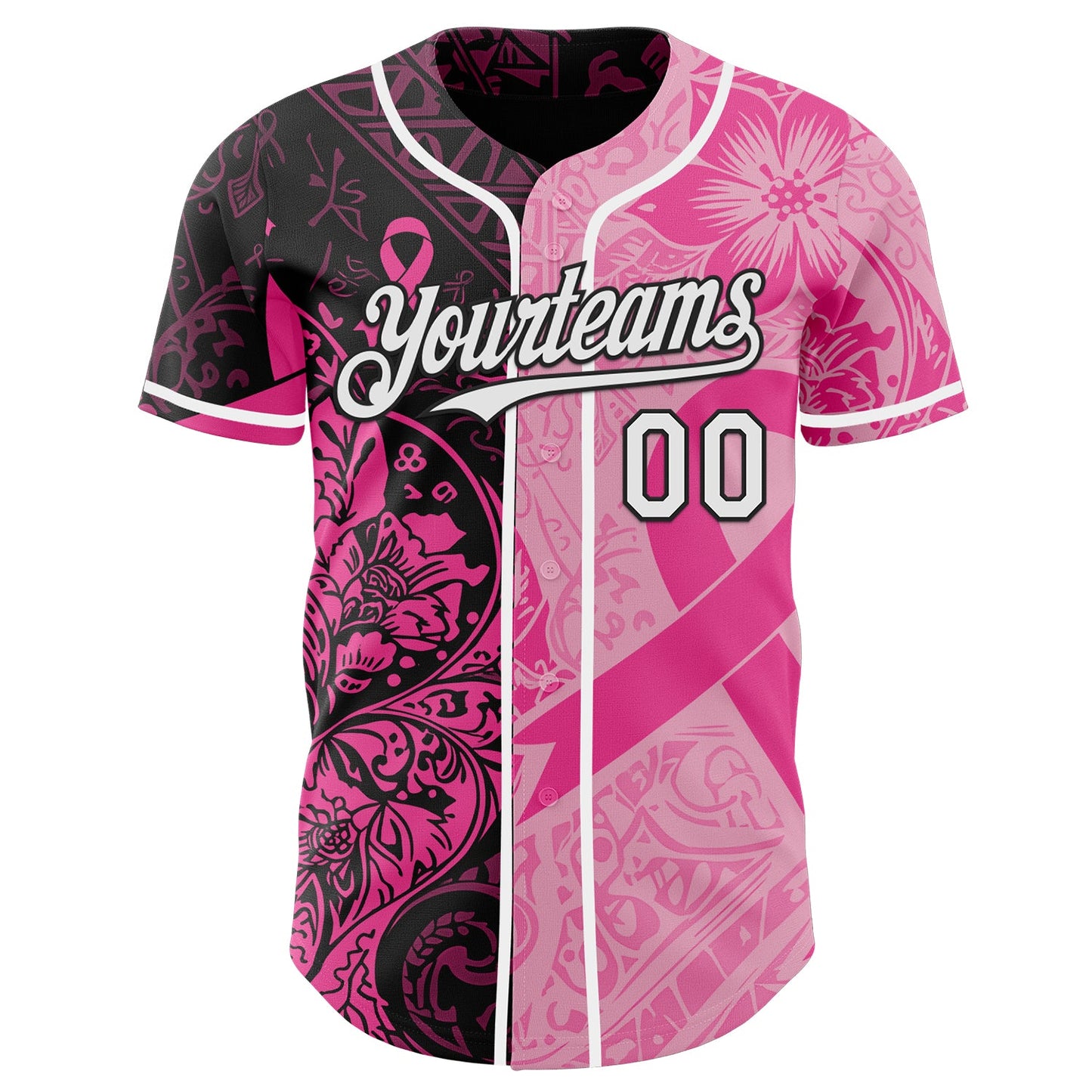 Custom Black White-Pink Breast Cancer Awareness Pink Ribbon Floral Authentic Baseball Jersey view 2