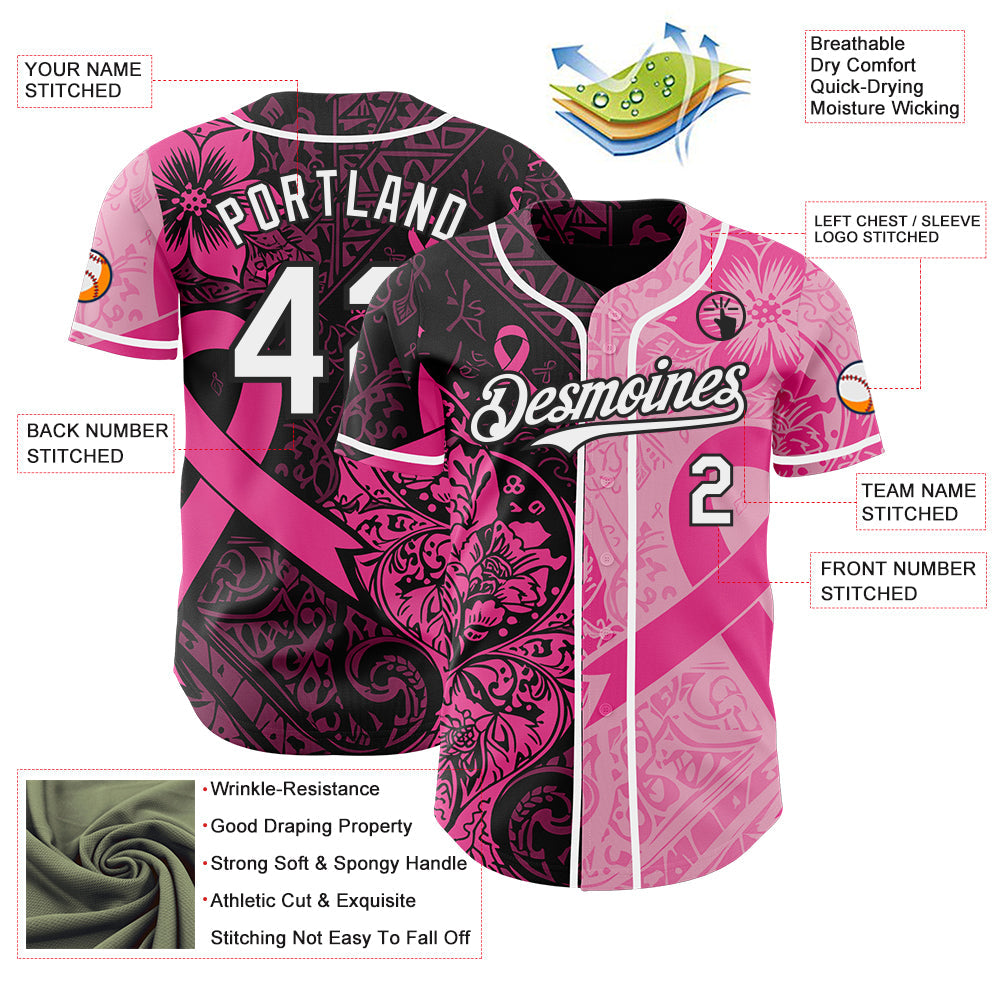 Custom Black White-Pink Breast Cancer Awareness Pink Ribbon Floral Authentic Baseball Jersey view 3