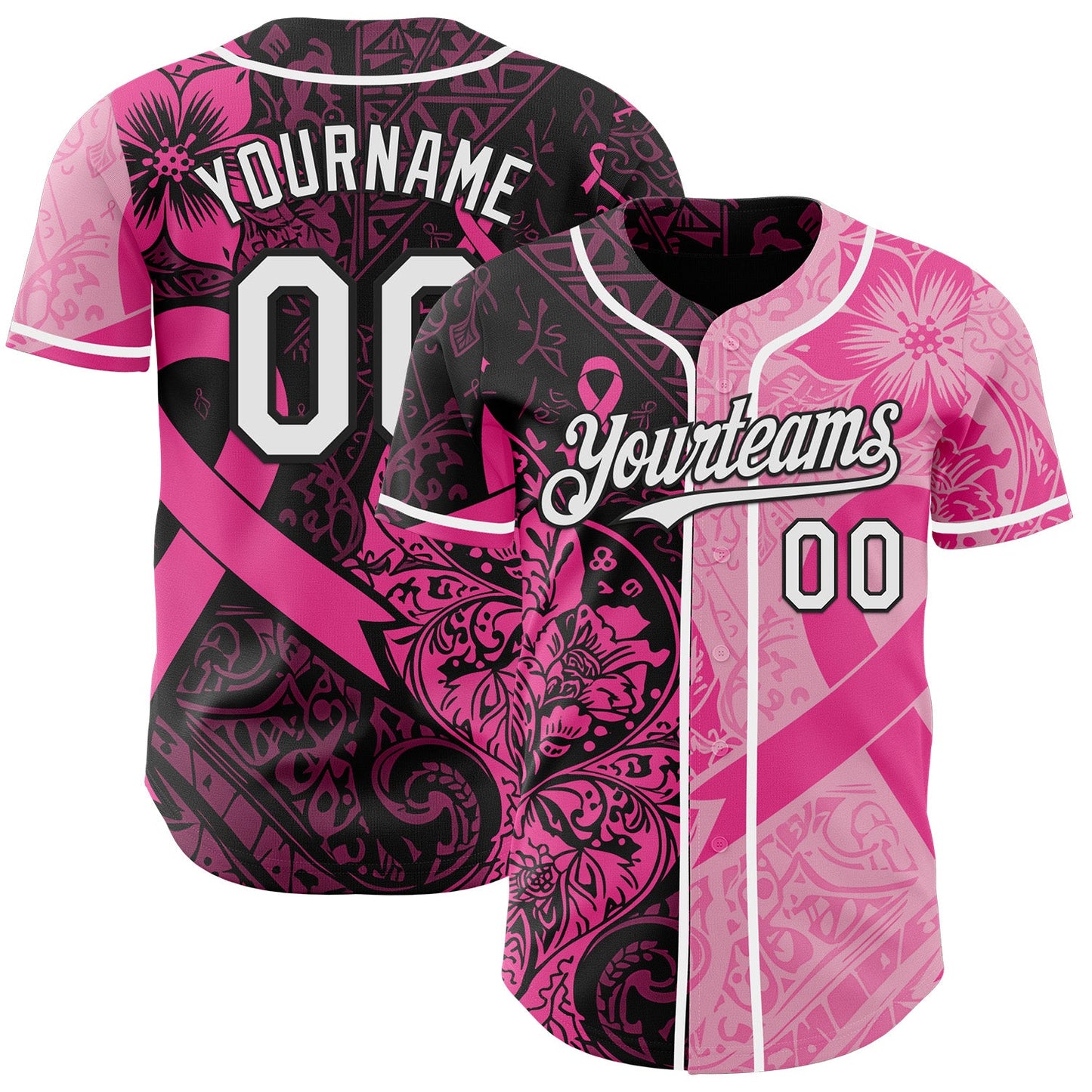 Custom Black White-Pink Breast Cancer Awareness Pink Ribbon Floral Authentic Baseball Jersey - Main View
