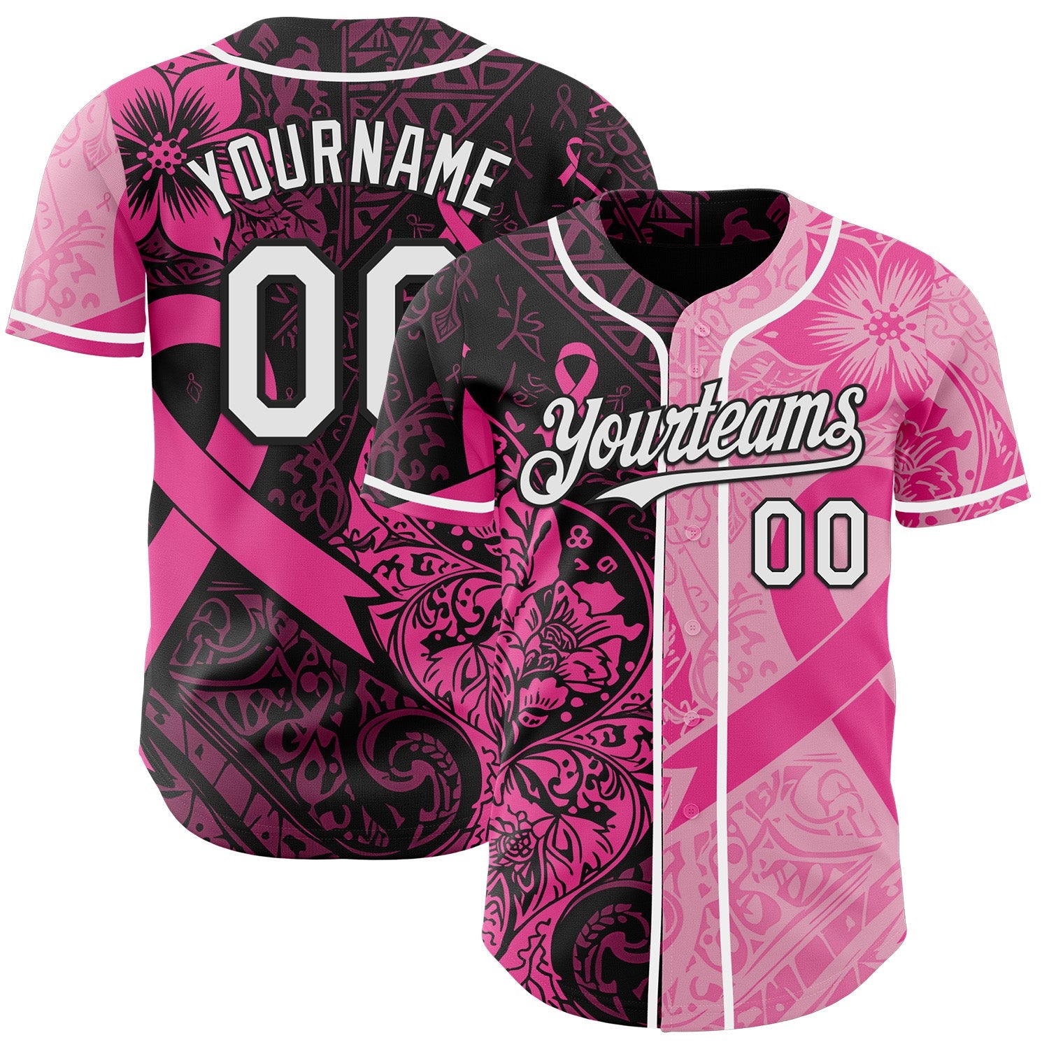 Custom Black White-Pink Breast Cancer Awareness Pink Ribbon Floral Authentic Baseball Jersey - Main View