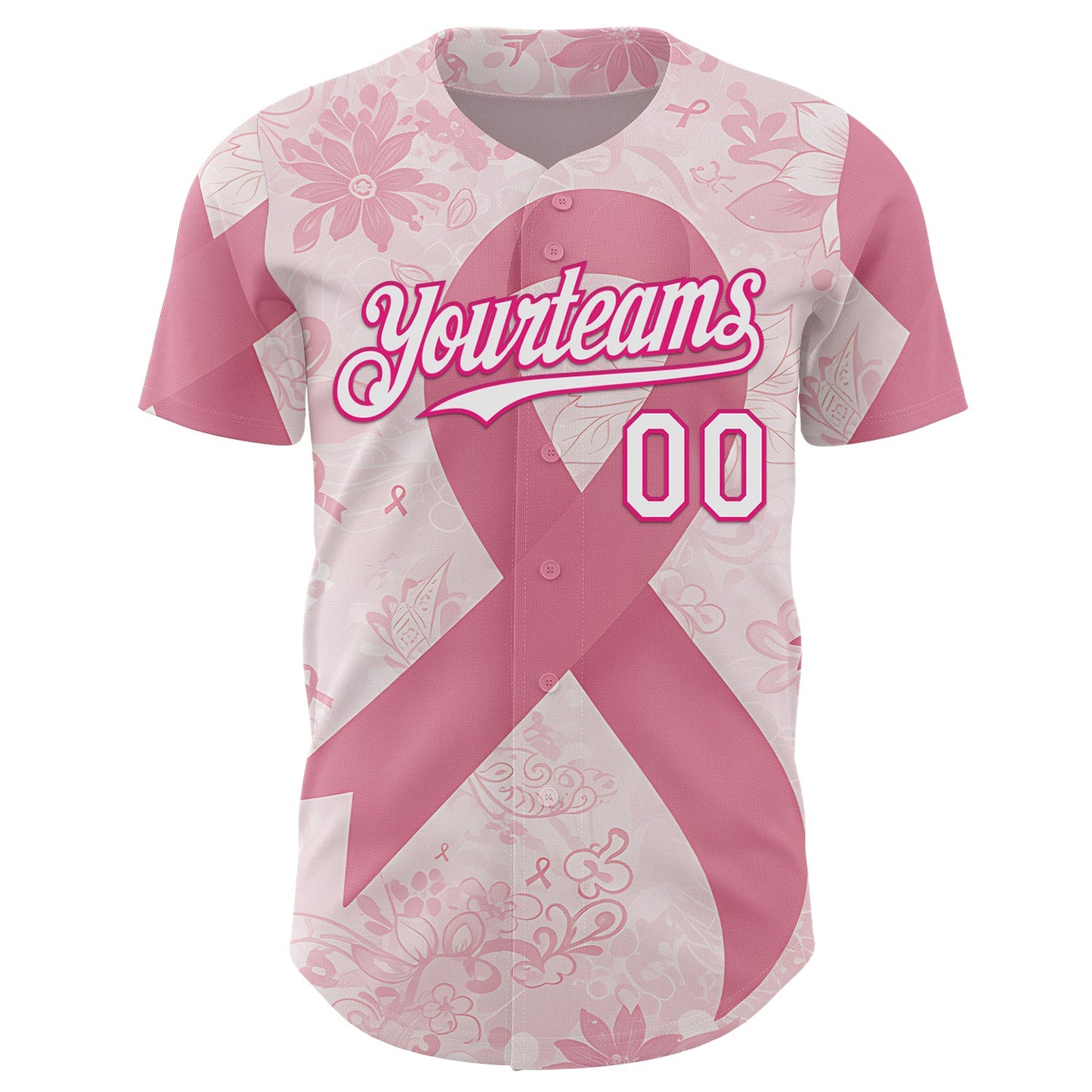 Custom Light Pink White-Hot Pink Breast Cancer Awareness Pink Ribbon Floral Authentic Baseball Jersey view 2