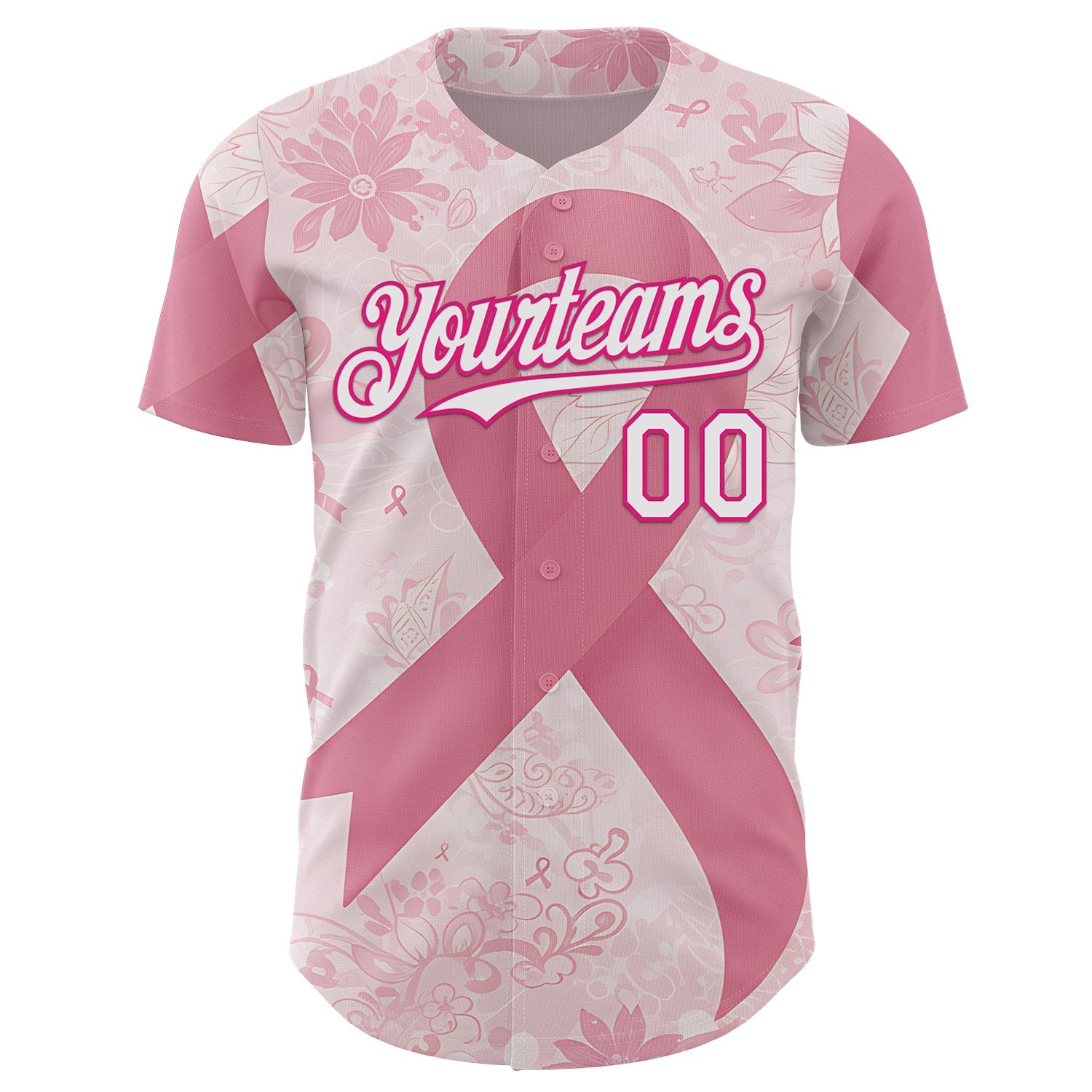 Custom Light Pink White-Hot Pink Breast Cancer Awareness Pink Ribbon Floral Authentic Baseball Jersey view 2