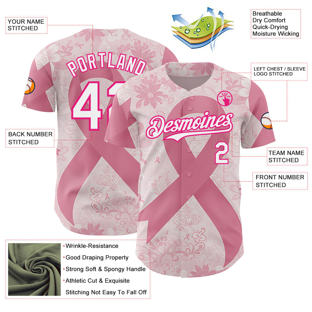 Custom Light Pink White-Hot Pink Breast Cancer Awareness Pink Ribbon Floral Authentic Baseball Jersey view 3