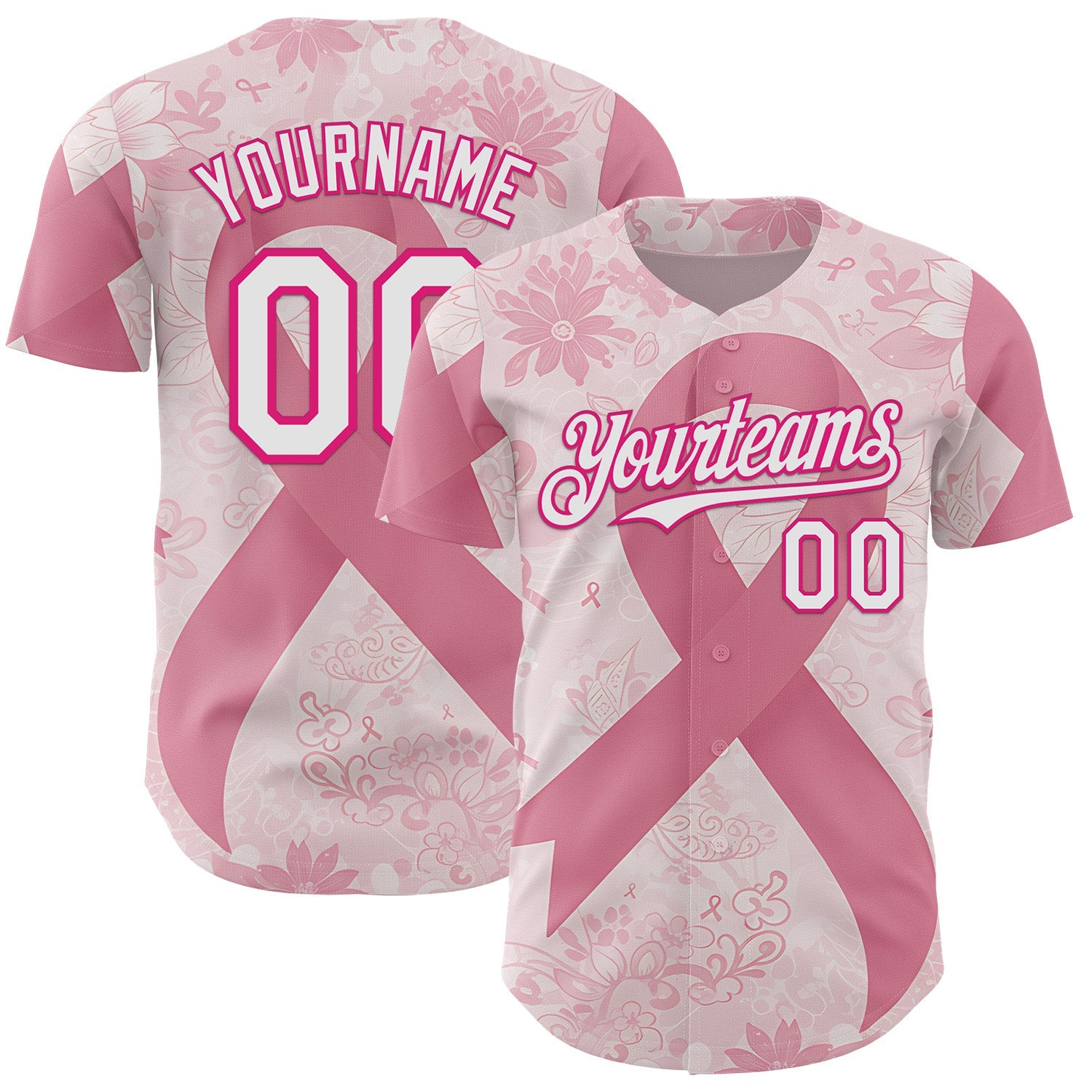 Custom Light Pink White-Hot Pink Breast Cancer Awareness Pink Ribbon Floral Authentic Baseball Jersey - Main View
