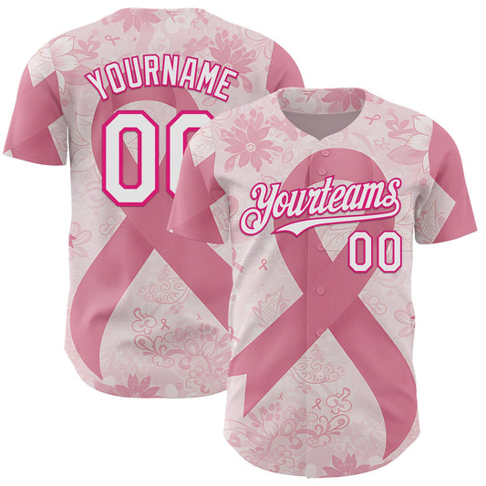 Custom Light Pink White-Hot Pink Breast Cancer Awareness Pink Ribbon Floral Authentic Baseball Jersey - Main View