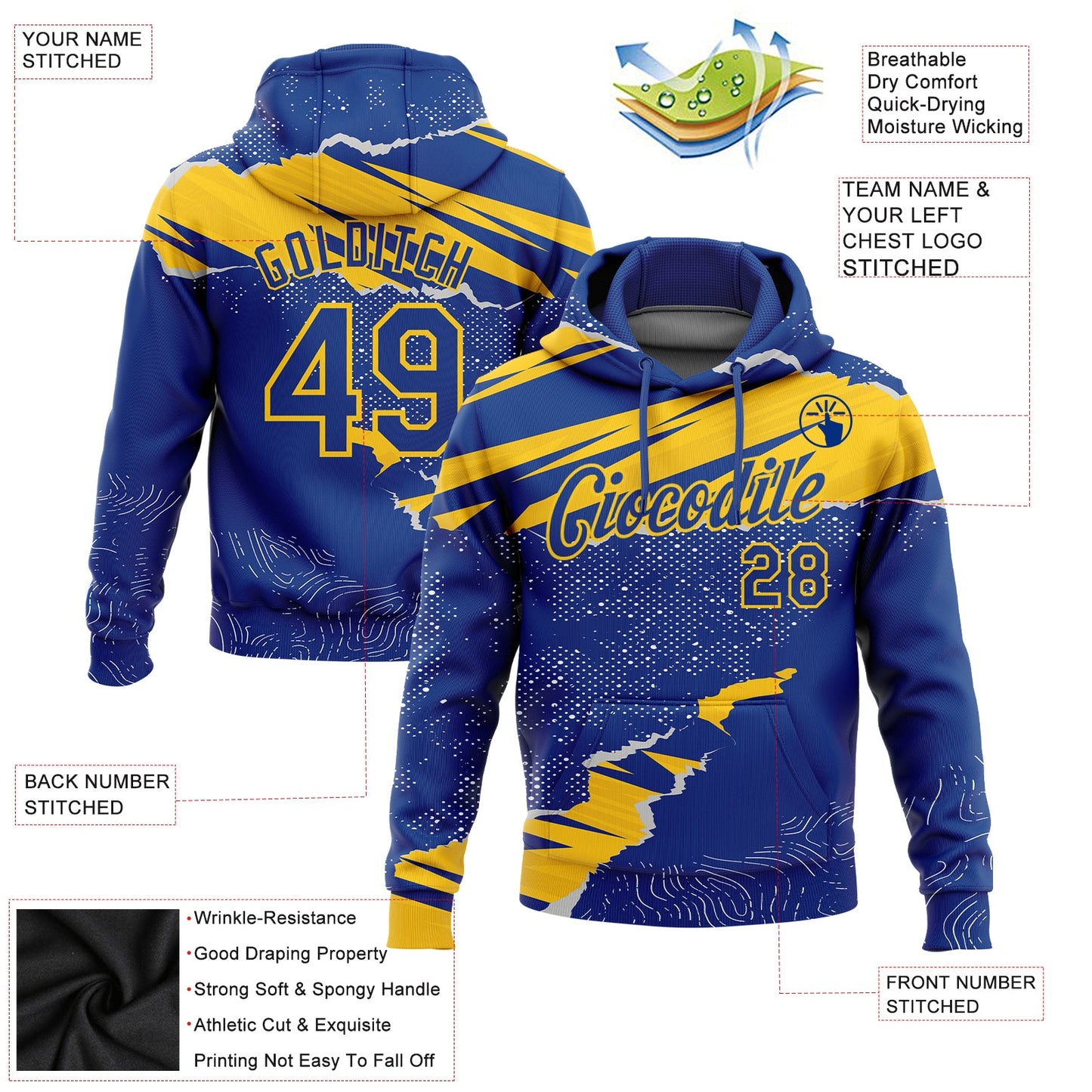 Custom Stitched Royal Yellow 3D Pattern Design Torn Paper Style Sports Pullover Sweatshirt Hoodie view 2