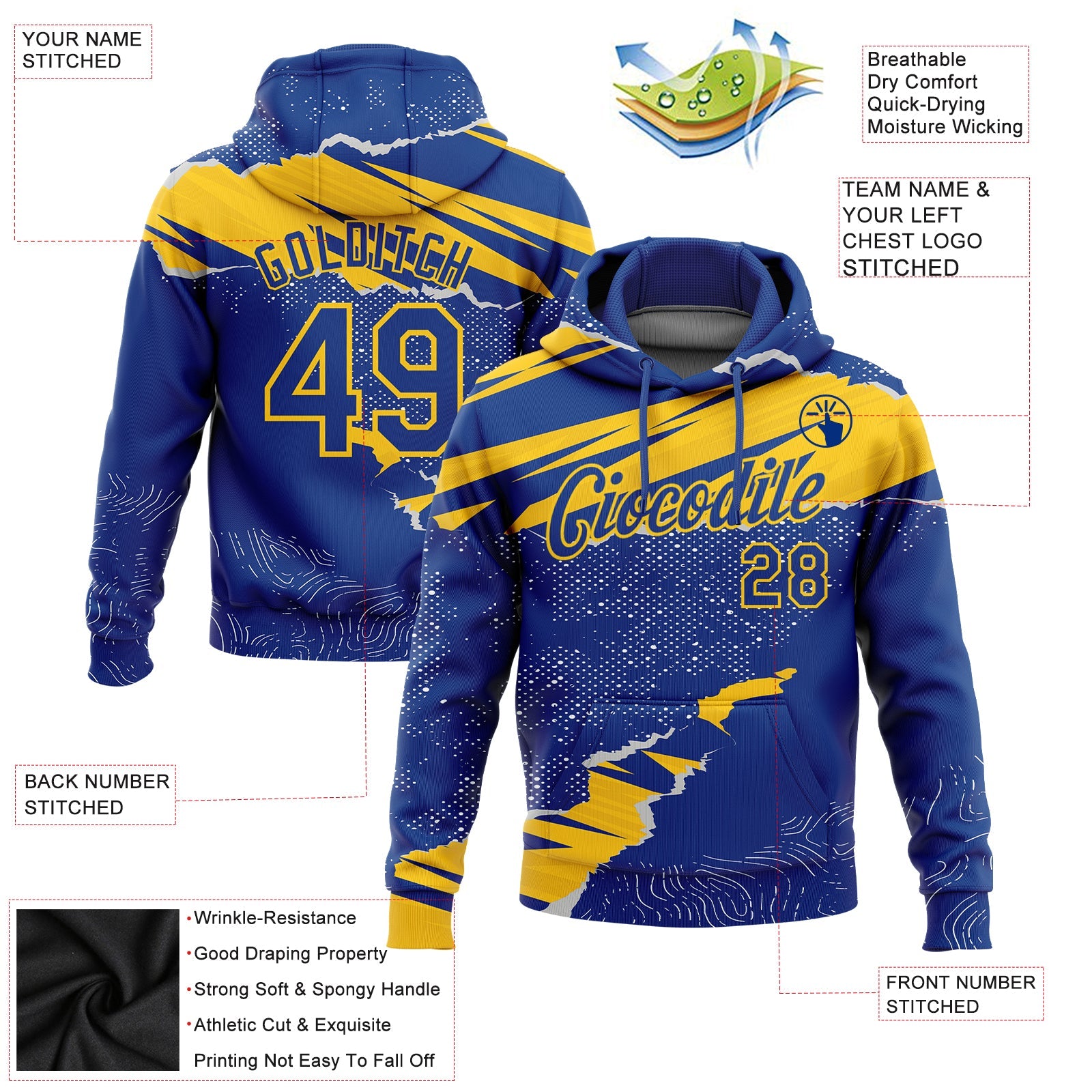 Custom Stitched Royal Yellow 3D Pattern Design Torn Paper Style Sports Pullover Sweatshirt Hoodie view 2