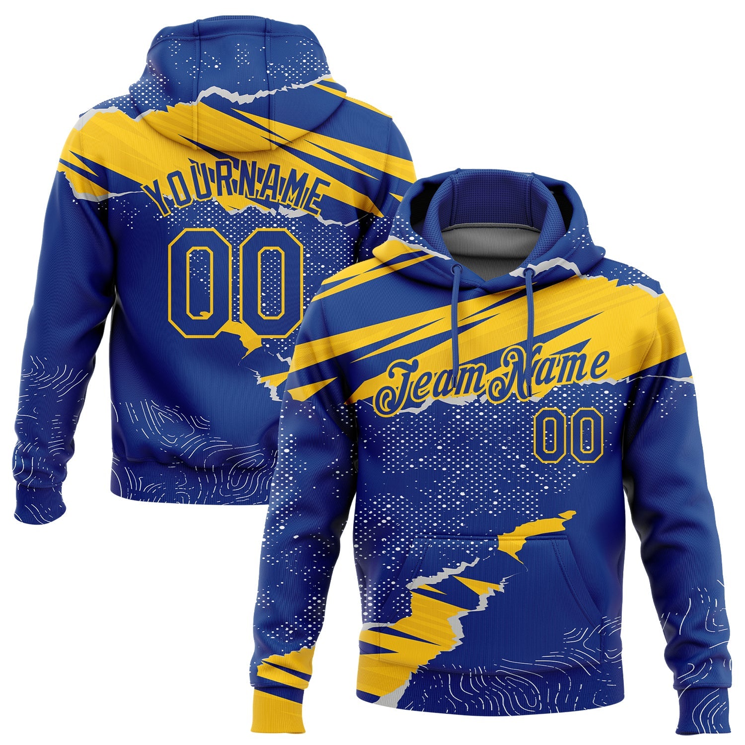 Custom Stitched Royal Yellow 3D Pattern Design Torn Paper Style Sports Pullover Sweatshirt Hoodie - Main View