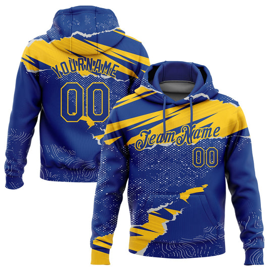 Custom Stitched Royal Yellow 3D Pattern Design Torn Paper Style Sports Pullover Sweatshirt Hoodie - Main View