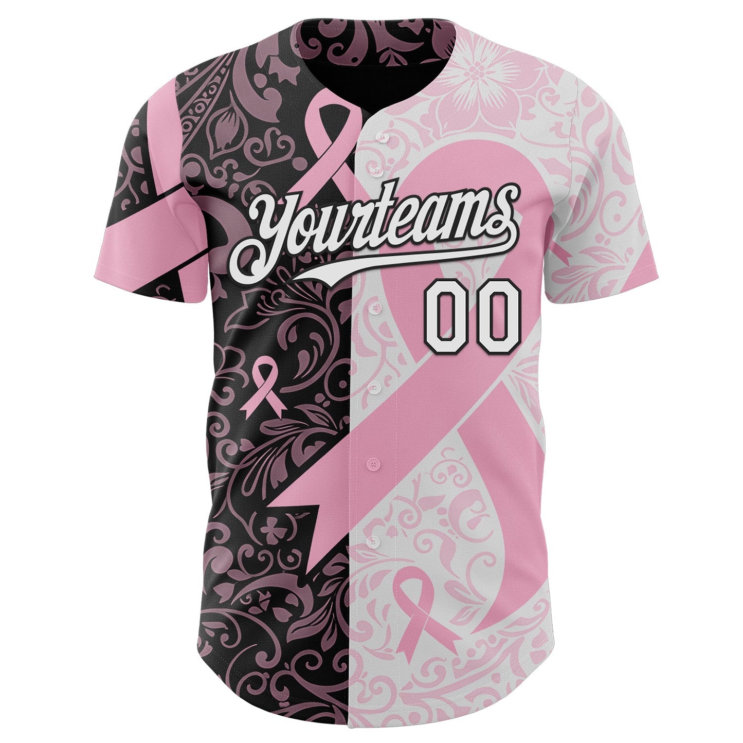 Custom Black White-Pink Breast Cancer Awareness Pink Ribbon Floral Authentic Baseball Jersey view 2