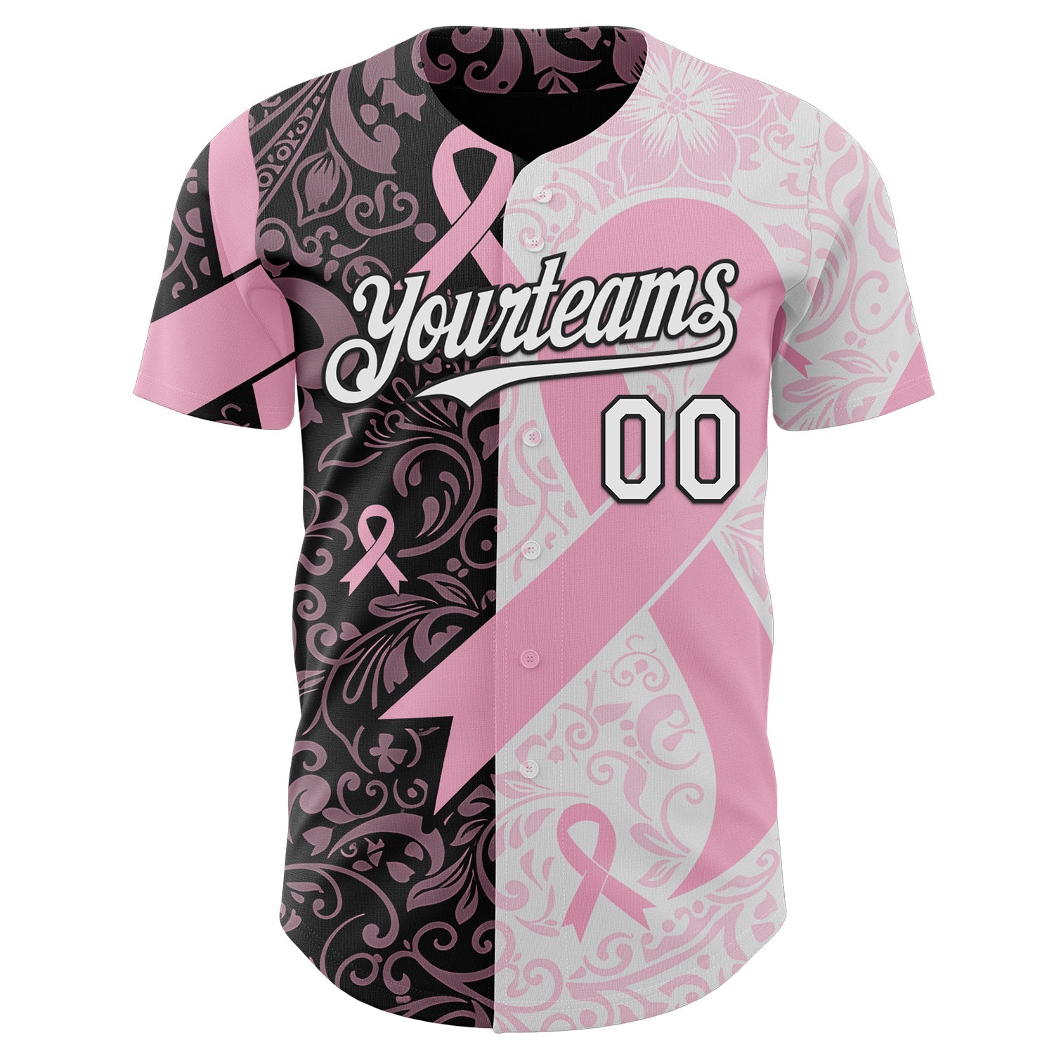 Custom Black White-Pink Breast Cancer Awareness Pink Ribbon Floral Authentic Baseball Jersey view 2