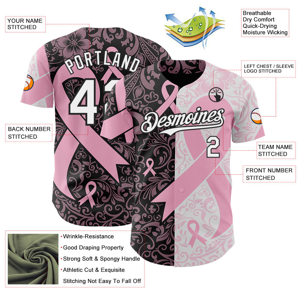 Custom Black White-Pink Breast Cancer Awareness Pink Ribbon Floral Authentic Baseball Jersey view 3