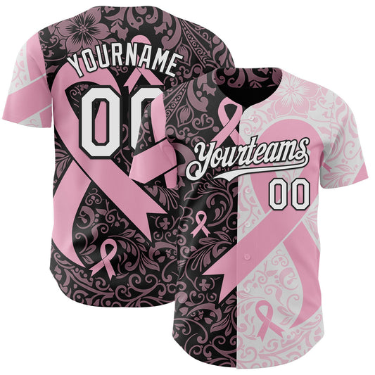 Custom Black White-Pink Breast Cancer Awareness Pink Ribbon Floral Authentic Baseball Jersey - Main View