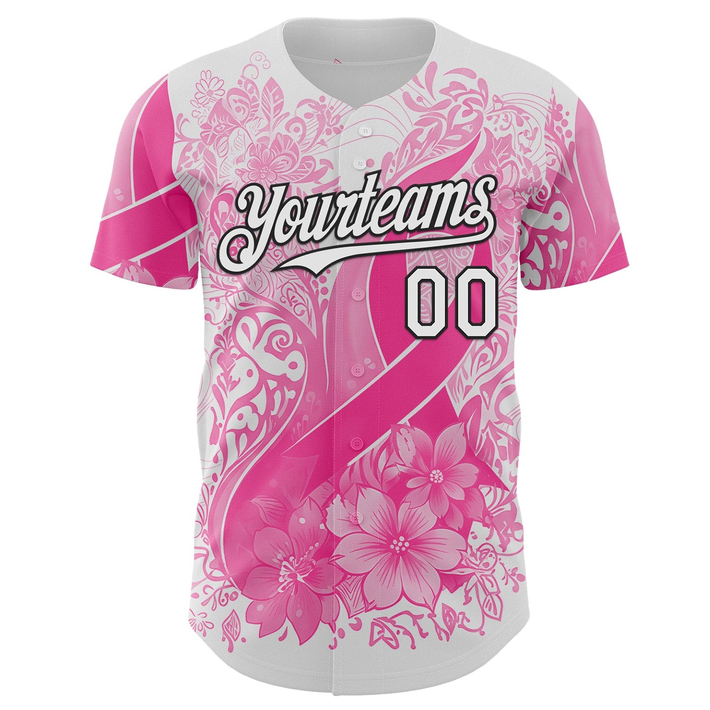 Custom White Pink-Black Breast Cancer Awareness Pink Ribbon Floral Authentic Baseball Jersey view 2